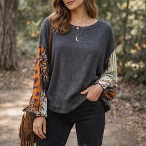 Free People SZ XS Blossom Thermal Patchwork Top Charcoal Gray